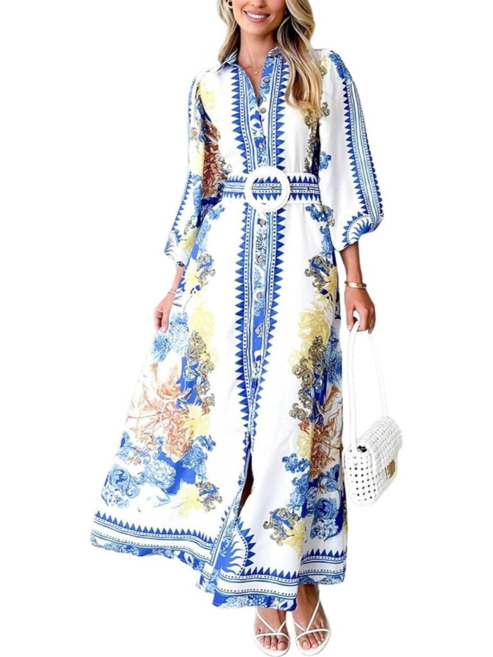 Women's Summer Maxi Dress Blue Long Sleeve Button Down Shirt Dress With Pocket